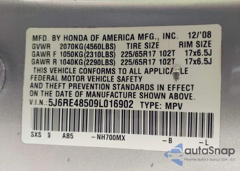2009 Honda Cr-V Ex from USA, damaged, VIN 5J6RE48509L016902